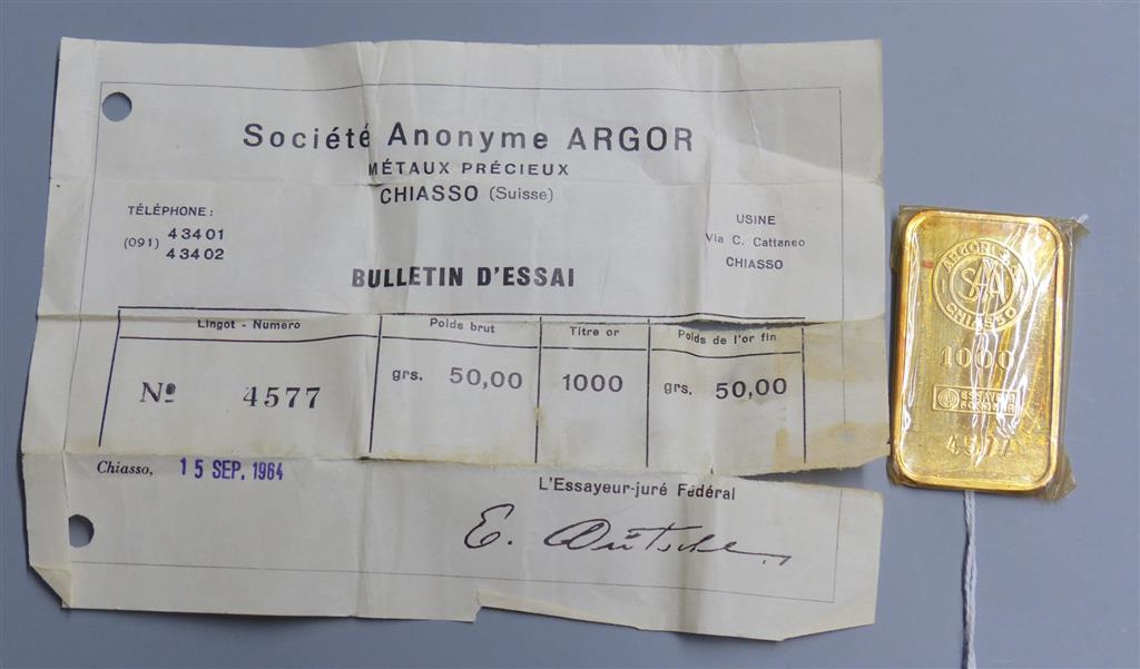 A Swiss Argor S.A. Chiasso 1000 yellow metal ingot, numbered 4577,